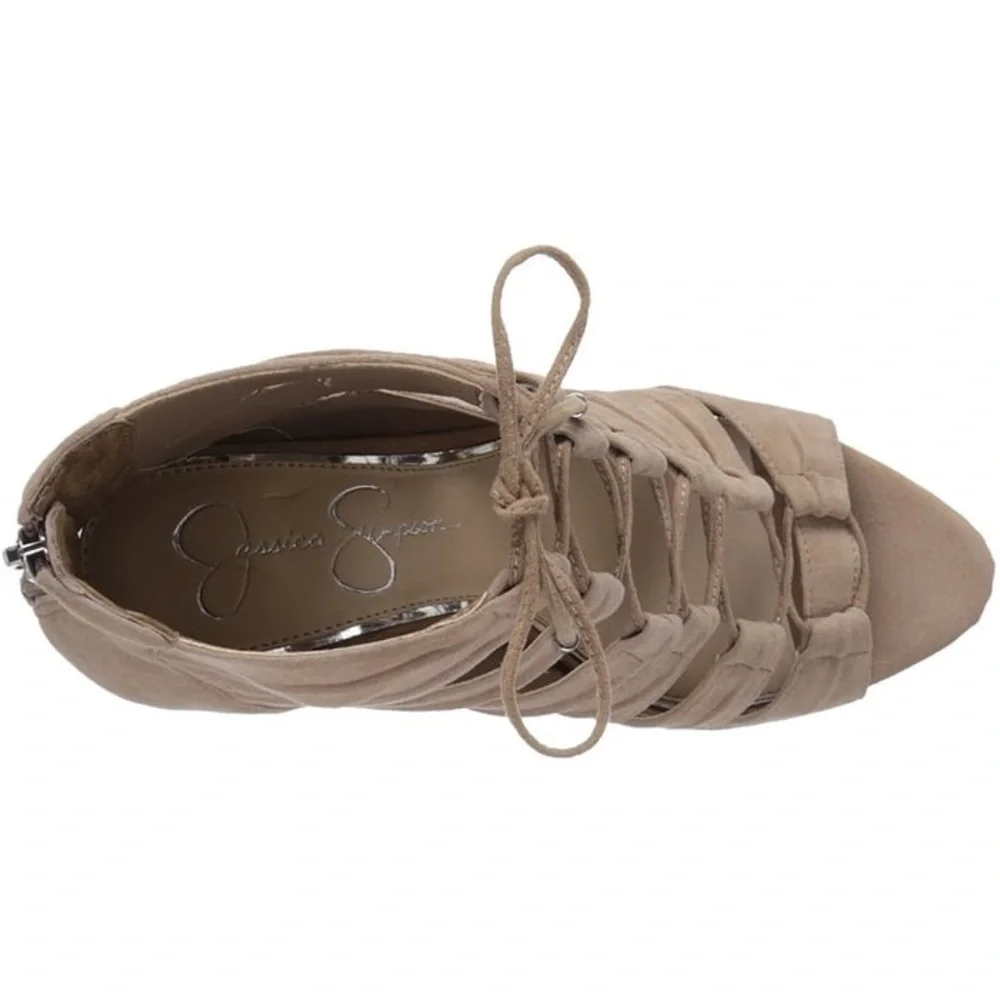 Jessica Simpson Suede JS‎ Mahiri Women's Lace-Up Tan Heeled Sandals.New Peep Toe
